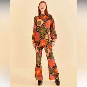 Farm Rio Multicolor Vintage Garden Satin Flare Pants